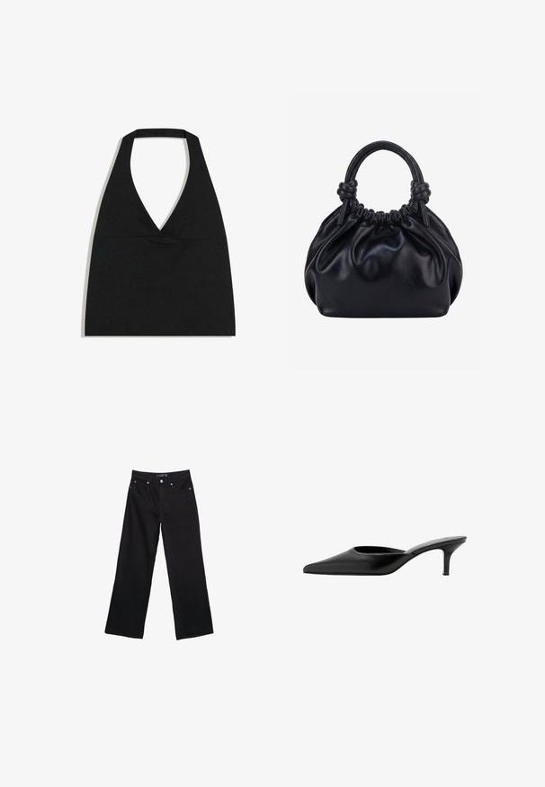 Zwarte haltercrop top met diepe V-halslijn en brede nekband tegen een witte achtergrond.; Zwarte denim wijde broek met een hoge taille, zichtbare stiksels en vier zakken. De stof heeft een zachte, gladde textuur met een minimale glans.; Zwarte leren mule met een spitse neus, lage, slanke hak en een achterkantloze instapschoen.; Zwarte zachte leren handtas met geplooide bovenkant en twee dikke handvatten die in knopen zijn gestrikt tegen een effen lichte achtergrond.