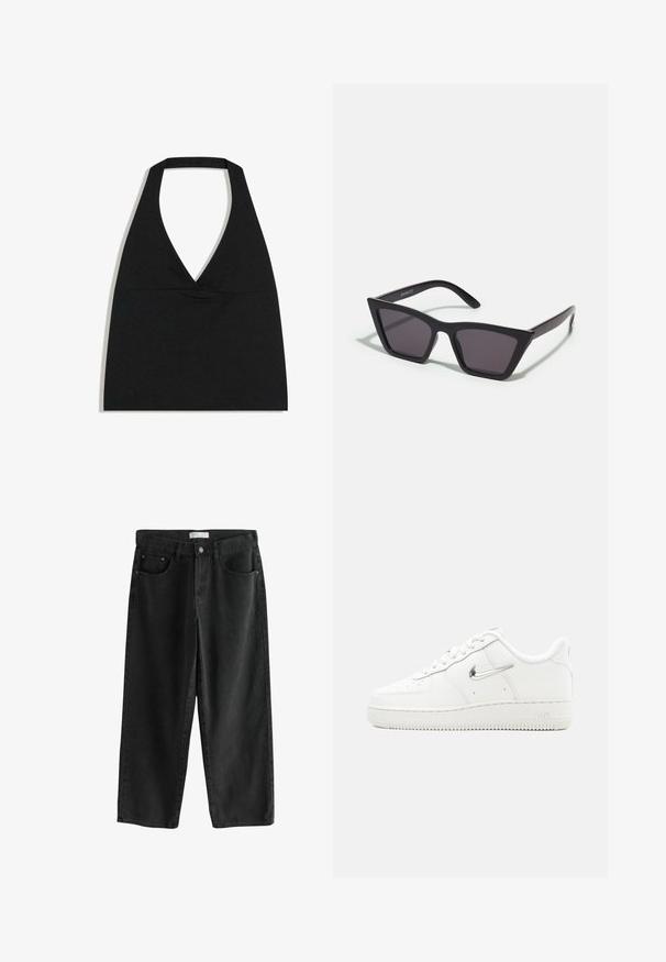 Sort halterneck crop top med dyb V-udskæring og bred nakkestrop mod en hvid baggrund.; Sorte denim bukser med brede ben og mellemhøj talje, der har to forlommer, en knappelukning og subtile syningsdetaljer.; Hvid Nike Air Force 1 sneaker med metallisk sølv swoosh-logo, snørelukning foran, gennemhullet tå og tekstureret gummisål.; Sorte, kantede solbriller med grå linser; lavet af plast, med tykke stænger med en glat overflade og ingen synlig hardware.