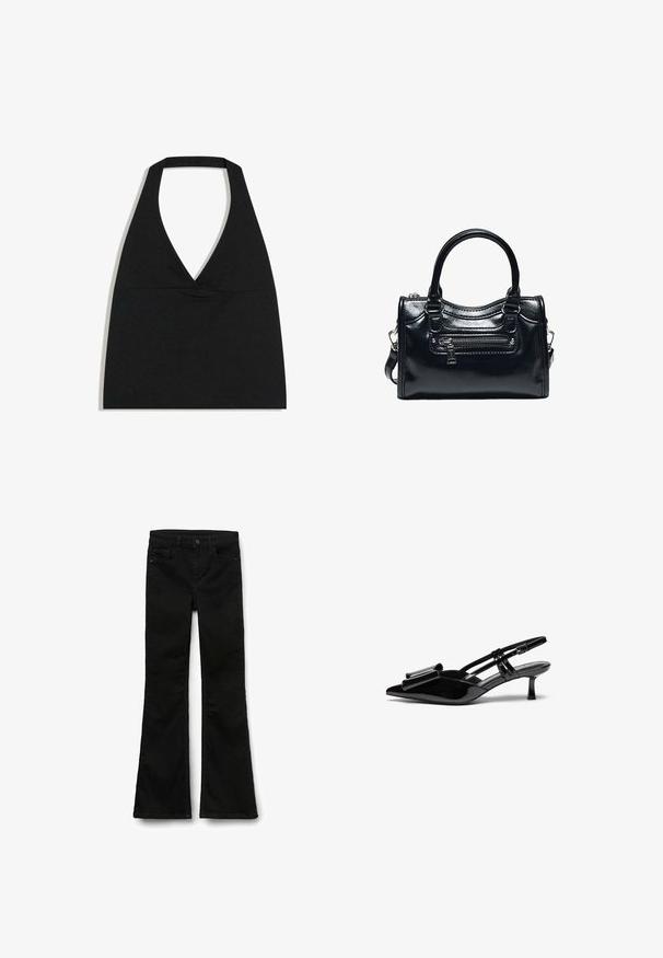Schwarzes bauchfreies Top mit Neckholder und tiefem V-Ausschnitt sowie breitem Nackenriemen vor weißem Hintergrund.; Schwarze Schlagjeans aus Denim mit glatter Textur, ausgestattet mit einem Bund mit Knopfverschluss und normalen Taschen.; Schwarze Lackleder-Slingbacks mit spitzer Zehenpartie, einer Schleifendetail an der Vorderseite und einem kleinen Stiletto-Absatz. Die Riemen haben verstellbare Schnallen.; Schwarze glänzende Lederhandtasche mit zwei Griffen, vorderer Reißverschlusstasche und abnehmbarem Schulterriemen auf weißem Hintergrund.