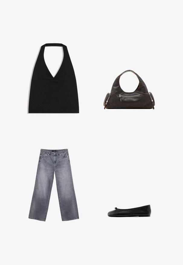 Haut court noir à col licou avec un profond décolleté en V et une large bretelle autour du cou sur fond blanc.; Un jean en denim gris à jambes larges avec une finition décolorée, une fermeture à bouton et un design à cinq poches. Il présente des coutures à double surpiqûre et des accessoires en métal argenté.; Ballerine en cuir noir avec un petit nœud sur l'embout arrondi et un talon plat bas sur fond blanc.; Sac à main en cuir noir avec une poignée supérieure arrondie, deux poches latérales zippées et une texture lisse. Design légèrement souple.