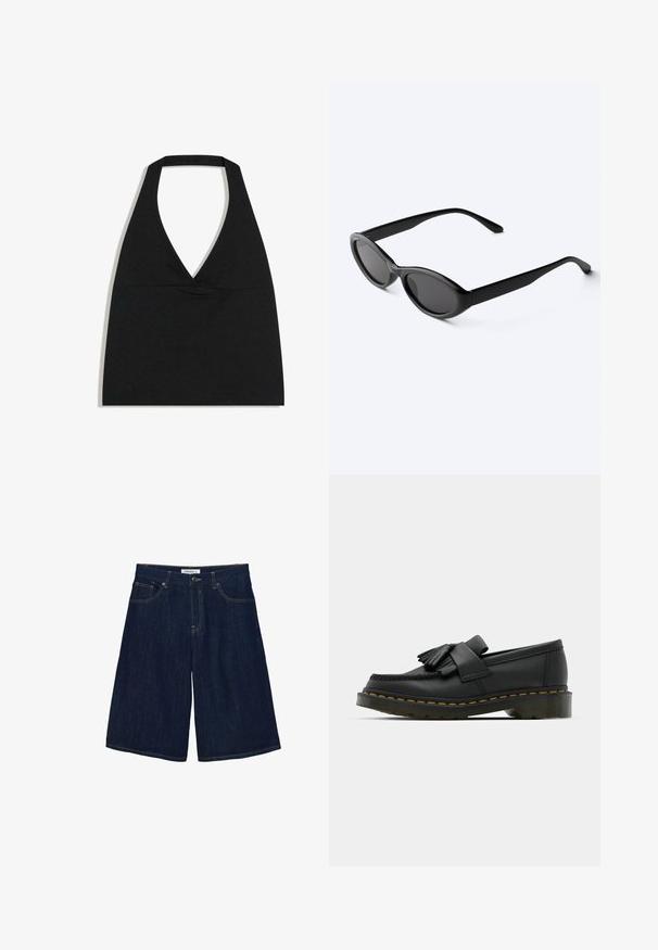 Zwarte haltercrop top met diepe V-halslijn en brede nekband tegen een witte achtergrond.; Donkerblauwe denim korte broek tot op de knie met knoop- en ritssluiting, voor- en achterzakken, en contrasterende stiksels.; Zwarte leren loafers met een ronde neus, voorzien van een franjesdetail en een decoratieve band aan de voorkant, geplaatst op een chunky hak.; Strakke zwarte ovale zonnebril met donkere glazen en rechte pootjes, rustend op een wit oppervlak.