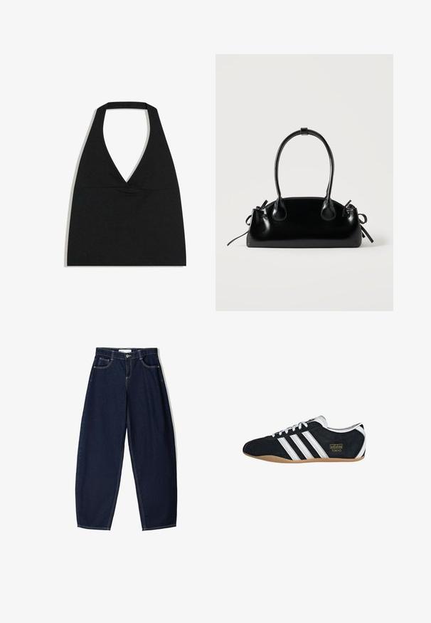 Zwarte haltercrop top met diepe V-halslijn en brede nekband tegen een witte achtergrond.; Donkerblauwe denim broek met een losse fit, voorzien van vijf zakken, contrasterende stiksels en een ritsluiting aan de voorkant.; Zwarte suède sneaker met witte drie strepen, gouden logo en een bruine rubberen zool. Heeft een laag profiel vetersluiting ontwerp.; Kleine zwarte glanzende handtas met twee lange hengsels en zijkant trekkoord details op een effen lichte achtergrond.
