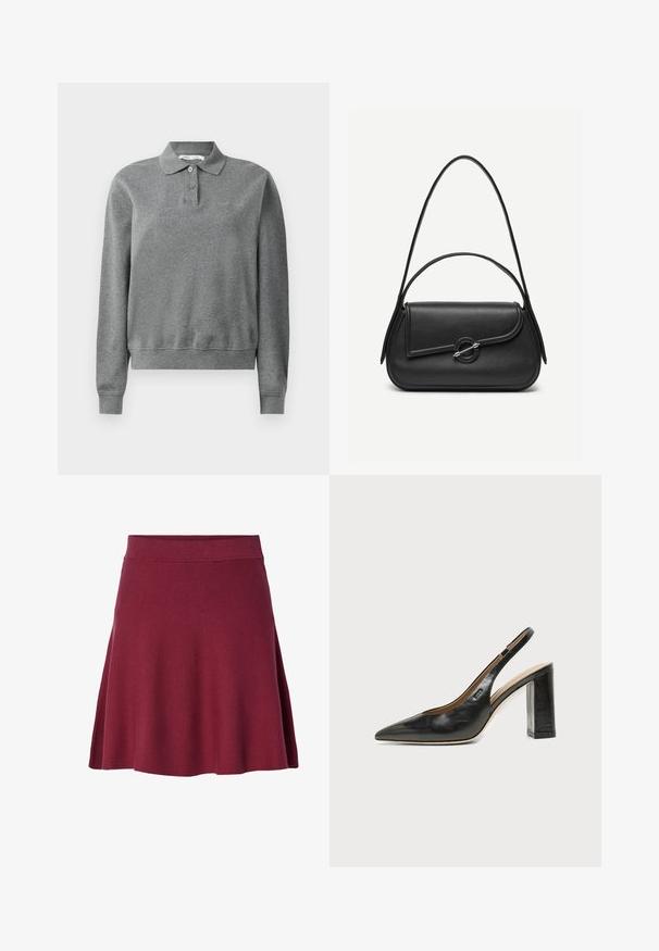 Polo gris de manga larga hecho de una tela suave, con un cuello clásico, una tapeta de botones y puños acanalados, con un corte relajado.; Falda burdeos de longitud hasta la rodilla, hecha de un tejido suave y elástico; diseño acampanado con una cinturilla lisa y sin cierres ni patrones visibles.; Zapato slingback negro de cuero con punta afilada, tacón cuadrado y un pequeño logo en el lateral, sobre un fondo blanco liso.; Bolso de cuero negro con bordes redondeados, solapa asimétrica, cierre circular de metal y correas de hombro cortas y largas.