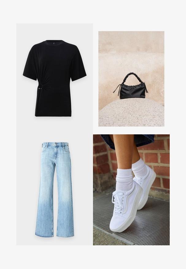 Schwarzes Kurzarm-T-Shirt aus weichem Jersey-Stoff mit einem geknoteten Detail an der Seite und einem silbernen Akzent. Klassischer Rundhalsausschnitt.; Helle blaue Denim-Jeans mit weitem Bein, hoch geschnitten, klassischer Fünf-Taschen-Design und Knopfverschluss, mit einer leichten Ausbleichung nahe dem Saum.; Weiße Leinensneaker mit Gummisohlen, ausgestattet mit sechs Ösen, runder Zehenpartie und dezenten Nähten, kombiniert mit weißen Knöchelsocken.; Schwarze geraffte Handtasche mit einem gesammelten Griff, die auf einer strukturierten Steinkugel vor einem beigen Betonwand-Hintergrund liegt.