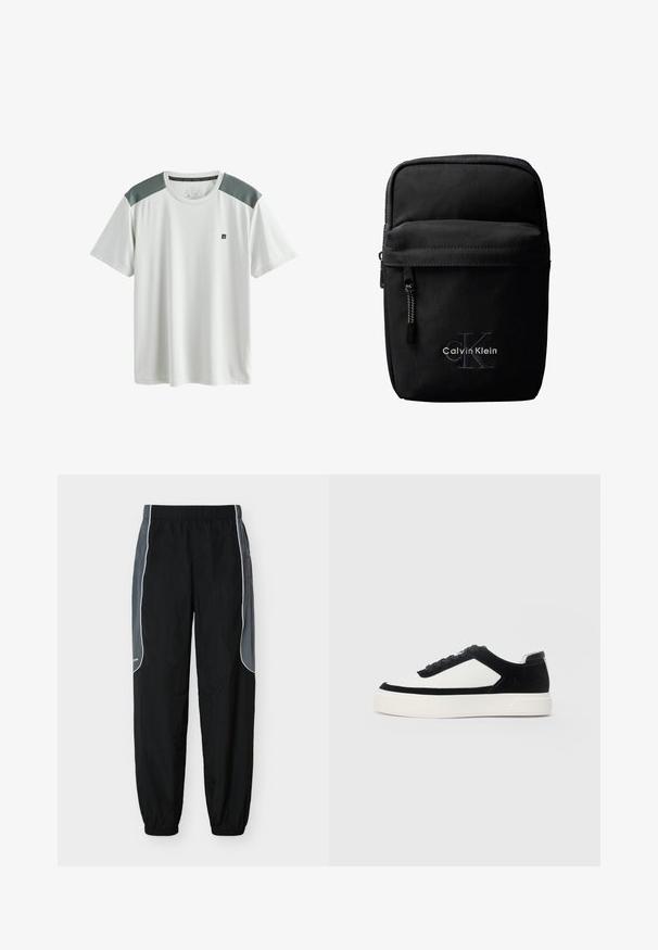 Camiseta deportiva blanca de manga corta con paneles de malla grises en los hombros y un pequeño logo negro en el pecho izquierdo.; Pantalones de chándal negros con paneles laterales gris oscuro y ribete blanco, cintura y puños elásticos, exhibidos sobre un fondo blanco.; Zapatilla de corte bajo con paneles de ante negro y cuero blanco, cordones negros y suela de goma blanca gruesa, mostrada desde el lado exterior.; Bolso bandolera negro de Calvin Klein con bolsillo delantero con cremallera, logo "cK" en relieve y nombre de la marca bordado en blanco.
