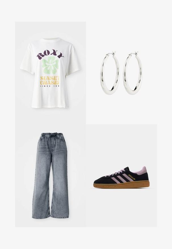 Witte katoenen t-shirt met een groot paarse "ROXY" logo, een groen bloemenontwerp en "SUNSET CHASE" in het geel, met ontspannen korte mouwen.; Grijze wijde denim broek met een elastische tailleband, trekkoordsluiting en zijzakken. Vervaagde textuur over de stof.; Zwarte en roze suede sneaker met rubberen zool, drie roze strepen, gouden "SPEZIAL" branding en een gestructureerde gumzool. Lage ontwerp.; Zilveren oorbellen in de vorm van een gladde, glanzende ring. Circulaire vorm, voorzien van een veilige sluiting. Eenvoudig en elegant ontwerp.