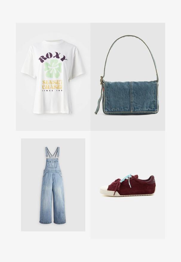 Witte katoenen t-shirt met een groot paarse "ROXY" logo, een groen bloemenontwerp en "SUNSET CHASE" in het geel, met ontspannen korte mouwen.; Lichtblauwe denim overall met wide benen, verstelbare schouderbanden, een voorzak en metalen knopen aan de zijkanten. Klassieke stijl met een ontspannen pasvorm.; Bordeaux suède lage sneaker met witte rubberen neuskap, mismatched veters in bordeaux en lichtblauw, en witte rubberen zool.; Denim schoudertas met een opvouwbaar ontwerp, lichtblauwe kleur, zichtbare stiksels, verstelbare schouderband en een zijlabel accent.