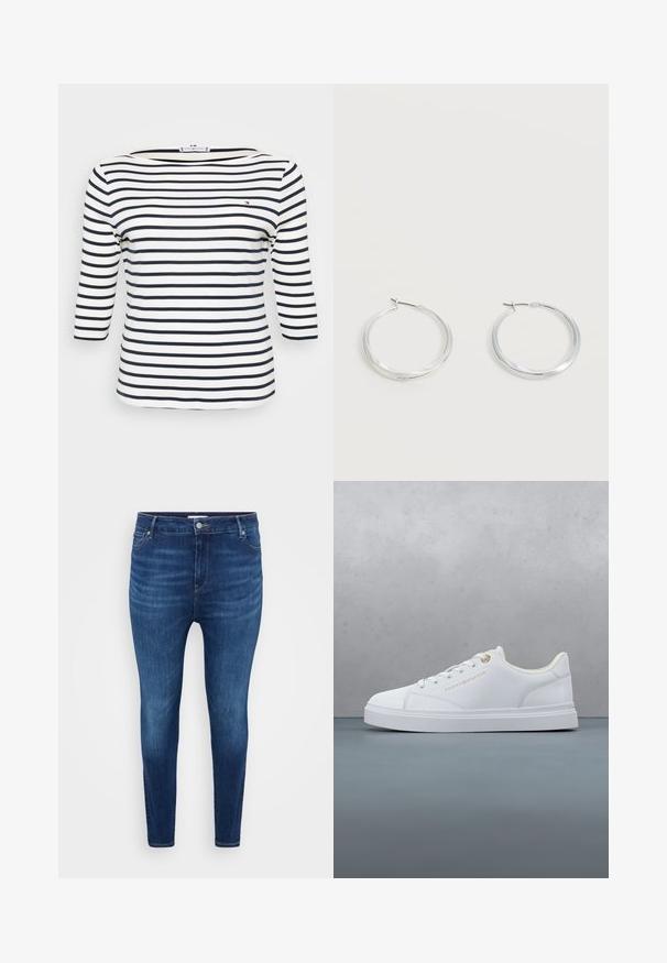 Gestreepte top met een bootkraag. Gemaakt van zachte stof met horizontale marineblauwe en witte strepen. Ontwerp met driekwartmouwen.; Donkerblauwe skinny jeans met voorzakken, riemlussen en een knoopsluiting op een lichte effen achtergrond.; Witte lage sneaker met veters, gouden oogje en merkopdruk, zwevend boven een houten tegelvloer met een achtergrond van buitenplanten.; Zilverkleurige metalen creolen oorbellen met een glad, licht gebogen oppervlak en sluitingen met haaksluiting op een effen witte achtergrond.