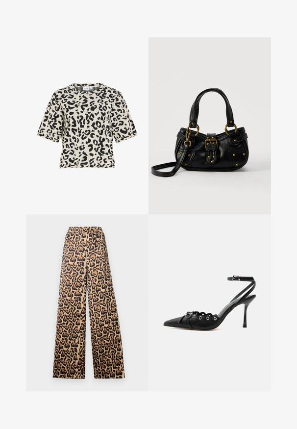 Striktrøje med korte ærmer i sort og hvid leopardprint og rund halsudskæring.; Bredde bukser med leopardprint i beige og sort, med elastisk talje og en glat overflade.; Sort spids hæl med bølgede kanter, metaløjer, snørelukning foran og ankelrem med spænde.; Sort læderhåndtaske med guldbælge og nitdetaljer, korte håndtag og en justerbar skulderrem på en ensfarvet hvid baggrund.