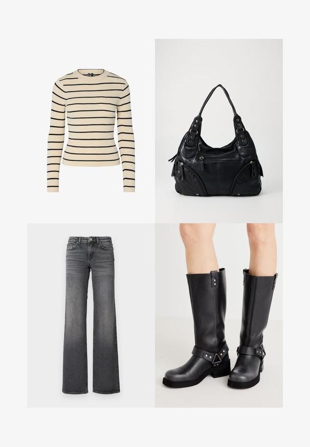 Kremfarget ribbestrikket genser med svarte horisontale striper, rund halslinning og lange ermer. Har en tettsittende design og sømløs tekstur.; Mørkegrå jeans med rett ben og lett falming på lårene, samt standard femlommers design, mot en hvit bakgrunn.; Sorte skinnhøye støvler med bred skaft, stroppe detaljer, sølvfarge detaljer og flat såle. Jevn tekstur med en lett glans.; Svart skinnveske med doble håndtak, frontlommer med glidelås og detaljer med metallnagler, satt mot en enkel lys bakgrunn.