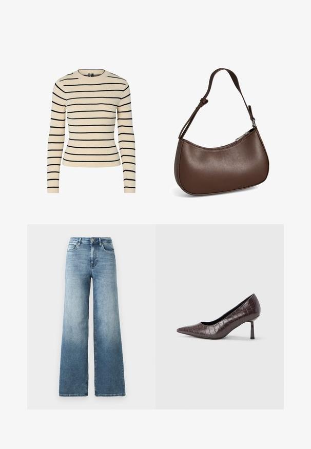 Pull crème côtelé avec des rayures horizontales noires, col rond et manches longues. Présente un design ajusté et une texture sans couture.; Jean en denim à jambes larges dans un délavage bleu clair, avec une taille haute, un design à cinq poches et un léger dégradé sur le tissu. Fermeture classique à bouton en métal.; Escarpins à bout pointu en similicuir marron avec une texture crocodile, dotés d’un talon fin et angulaire ainsi que d’une doublure intérieure lisse.; Petit sac bandoulière en cuir marron avec sangle réglable et fermeture éclair, présenté sur fond blanc. Aucun logo ou décoration visible.