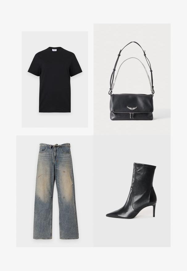 Zwart T-shirt met korte mouwen en ronde hals, met een wit label met de tekst "FILIPPA K" aan de binnenkant van de achterkraag, afgebeeld op een witte achtergrond.; Lichtblauwe denim jeans met een losse, recht gesneden pasvorm. Voorzien van slijtageplekken, vervaging en distressed details bij de knieën. Klassiek five-pocket ontwerp.; Zwarte enkelboots van soepel leer, met een spitse neus, een aangesloten schacht en een slanke hoge hak. Minimalistisch ontwerp zonder zichtbare hardware.; Zwarte leren schoudertas met zilveren vleugelembleem, verstelbare leren riem en zilveren kettinghandvat op effen achtergrond.