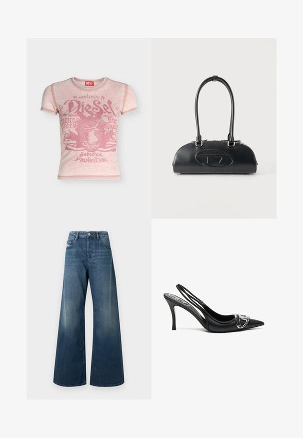 T-shirt Diesel rose clair à manches courtes avec logo délavé style vintage et texte graphique sur le devant.; Jean évasé en denim bleu foncé, présentant une finition délavée, un design traditionnel à cinq poches et une fermeture à bouton métallique à la taille.; Talons hauts slingback noirs avec un embout pointu, présentant un détail de boucle en argent brillant et un talon fin. Texture en cuir lisse, design minimaliste.; Sac à main en cuir noir avec longues poignées doubles et logo ovale embossé sur le devant, présenté sur un fond clair uni.