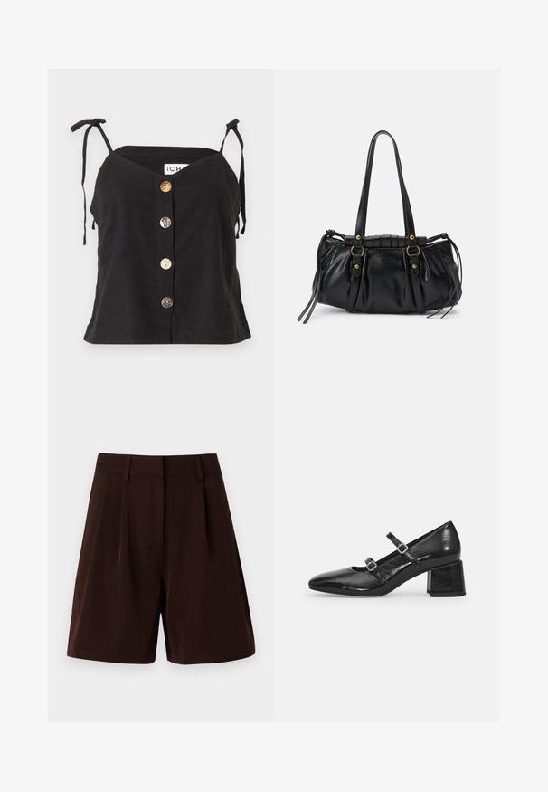 Schwarzes Leinen-Camisole mit V-Ausschnitt, verstellbaren Bindebändern und fünf auffälligen Knöpfen aus verschiedenen Materialien entlang der Vorderseite.; Braune, plissierte Shorts aus leichtem Stoff. Mit klassischem Taillenbund und Seitentaschen, geradem Schnitt und gesäumten Kanten.; Schwarze Lackleder-Mary-Jane-Schuhe mit spitzem Zeh, zwei verstellbaren Riemen und einem klobigen Blockabsatz. Glatte Textur und glänzende Oberfläche.; Schwarze Lederhandtasche mit runder Form, doppelten Griffen, dekorativen Hardware-Details und seitlichen Bindebändern. Glatte, glänzende Textur.