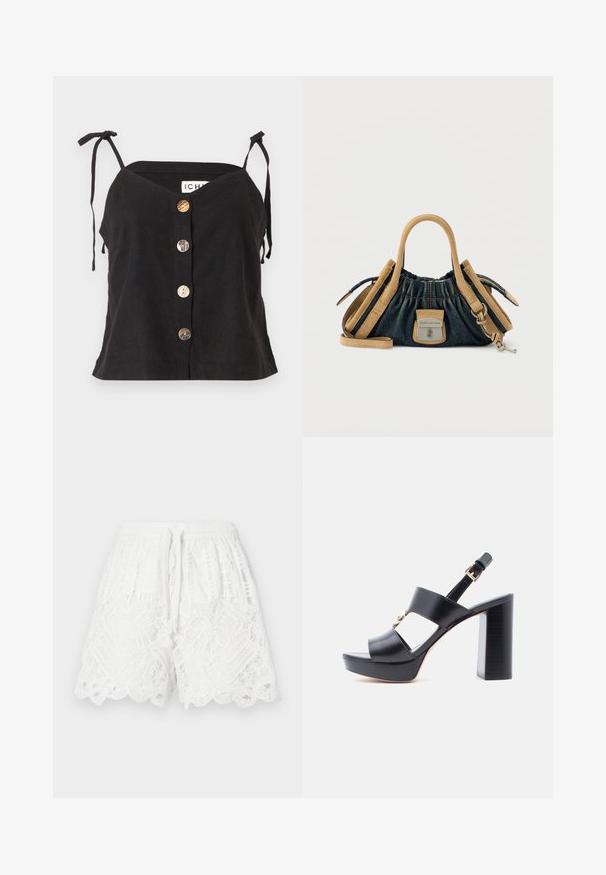 Camisole en lin noir avec un décolleté en V, des bretelles réglables à lien et cinq boutons proéminents en matériaux variés sur le devant.; Shorts blancs en dentelle avec une taille élastique, un cordon de serrage, un ourlet festonné et des motifs texturés complexes sur l'ensemble du tissu.; Sandale à talon haut en cuir noir avec semelle compensée, larges brides, détail boucle dorée et bride de cheville ajustable sur fond blanc.; Petit sac à main Marc Jacobs avec corps en denim, poignées et finitions en daim caramel, fermoir argenté et bandoulière ajustable avec clé attachée.