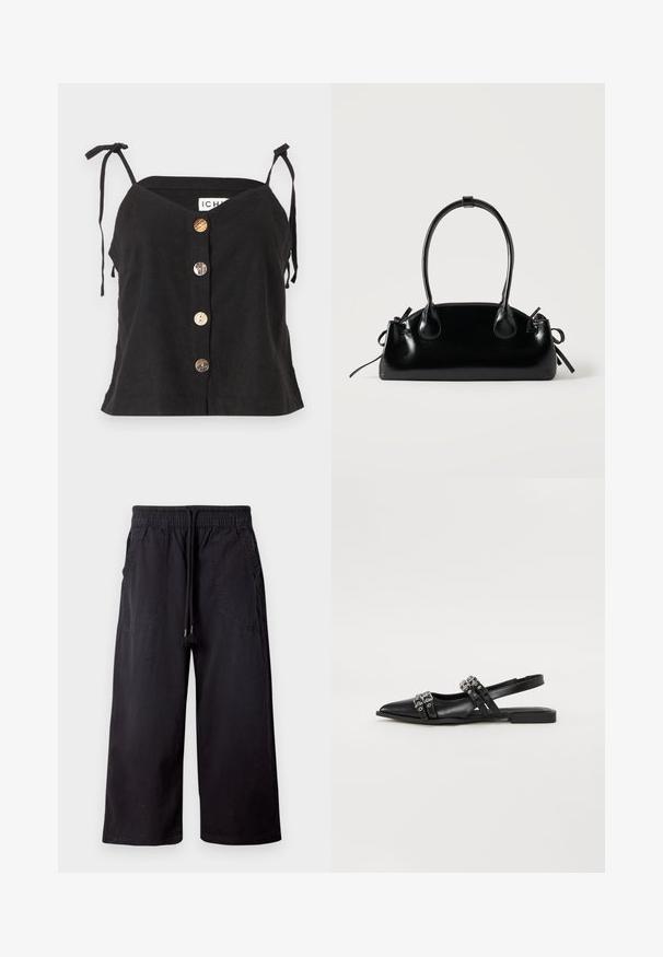 Schwarzes Leinen-Camisole mit V-Ausschnitt, verstellbaren Bindebändern und fünf auffälligen Knöpfen aus verschiedenen Materialien entlang der Vorderseite.; Schwarze, weit geschnittene Hose mit elastischem Bund und Kordelzug, mit vorderen aufgesetzten Taschen, vor hellem einfarbigem Hintergrund dargestellt.; Even&Odd by Zalando Sling-Ballerina - black; Kleine schwarze glänzende Handtasche mit zwei langen Griffen und seitlichen Kordelzug-Details vor einfachem hellem Hintergrund.