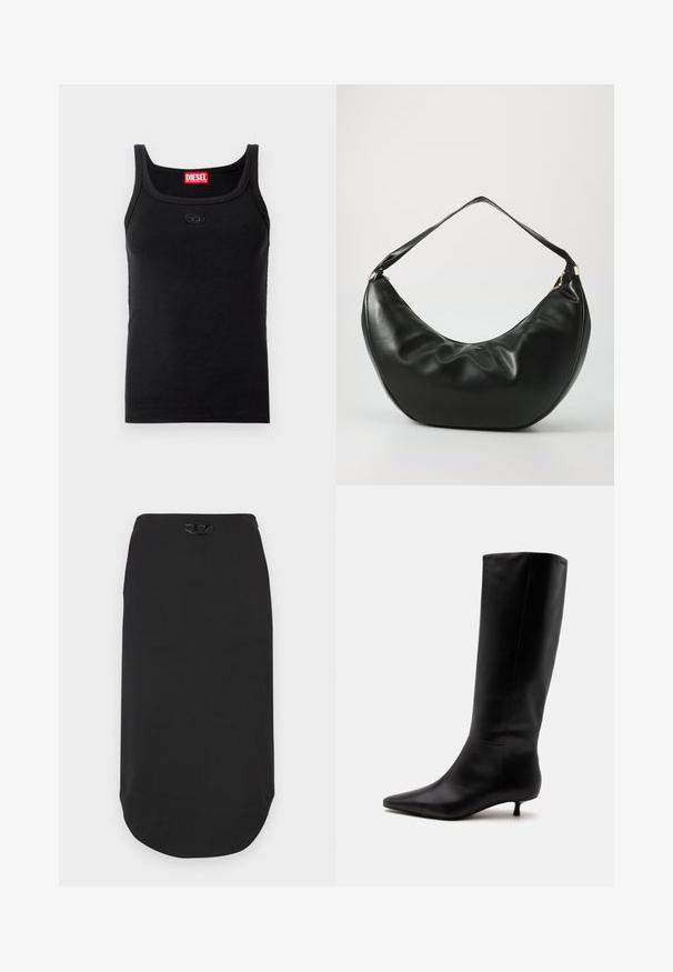 Débardeur noir en tissu côtelé. Il présente un col rond, des bretelles larges et un petit écusson logo sur le devant. Aucun motif visible.; Jupe crayon noire en tissu lisse. Elle présente un ourlet arrondi et un logo noir proéminent à la taille. Design simple, sans motifs.; Botte noire en cuir jusqu'au genou avec bout pointu et petit talon kitten sur un fond clair uni.; Sac à épaule en cuir noir, de forme courbée, avec une texture douce et une seule sangle; il comporte une fermeture éclair dorée et un logo discret.