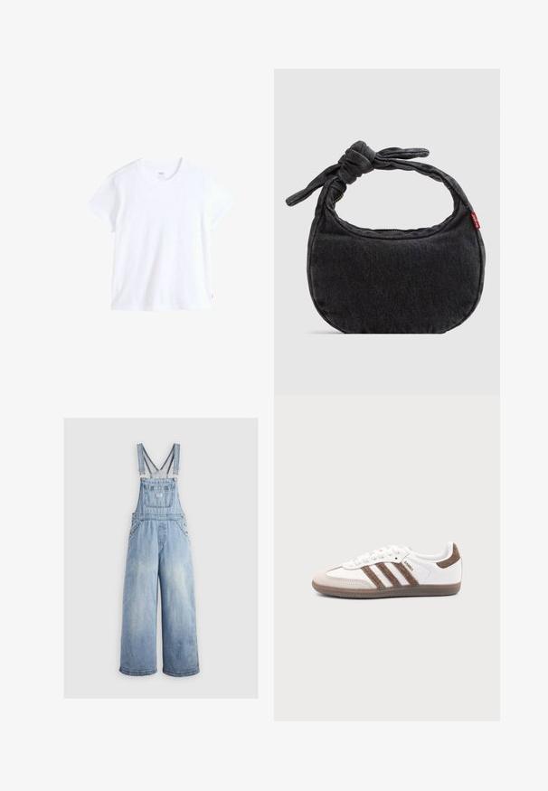 Wit katoenen t-shirt met korte mouwen, ronde hals en rechte zoom. Heeft een klein rood logotag aan de linkeronderzijde.; Lichtblauwe denim overall met wide benen, verstelbare schouderbanden, een voorzak en metalen knopen aan de zijkanten. Klassieke stijl met een ontspannen pasvorm.; Witte Adidas Samba sneaker met bruine suède strepen, bruine rubberen zool en beige suède neuskap, getoond vanaf de buitenkant op een effen achtergrond.; Kleine zwarte denim schoudertas met een gestrikte riem en ritssluiting, met een rood Levi's stoffen label aan de zijkant.