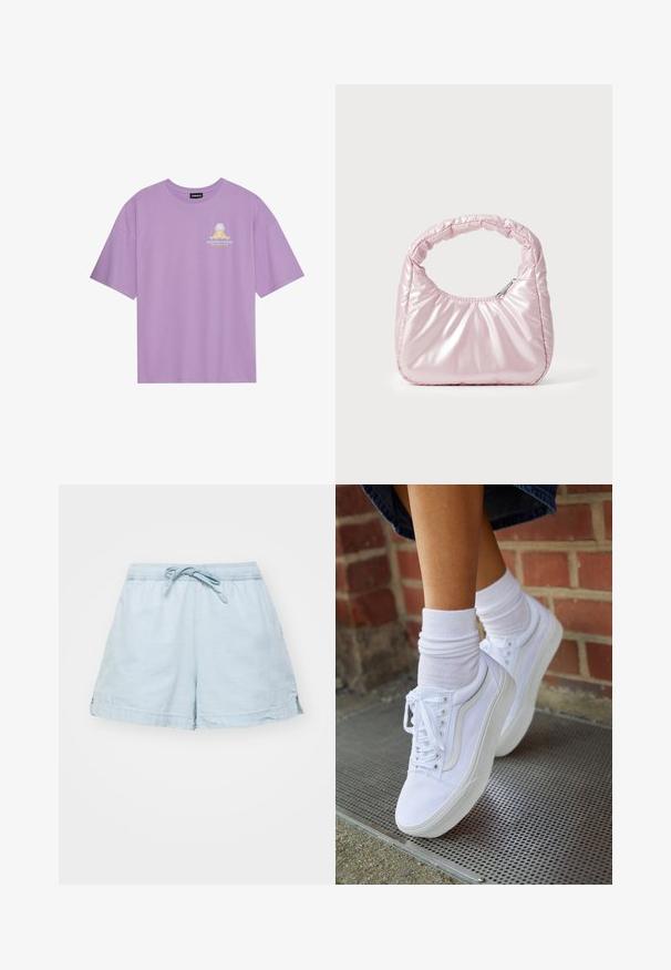 Lavendel bomulds T-shirt med korte ærmer, der har et lille gult palmetræ og bølgedesign trykt på venstre brystområde.; Lysblå, letvægts shorts med elastisk talje og snøre. Har sidelommer og en afslappet pasform, lavet af blødt stof.; Hvide lærreds sneakers med gummisåler, der har seks snørehuller, rund tå og let sømdetaljer, krydret med hvide ankelstrømper.; Rosa, polstret håndtaske med afrundet design, lavet af skinnende materiale. Har et samlet håndtag og en lynlås til sikker adgang.
