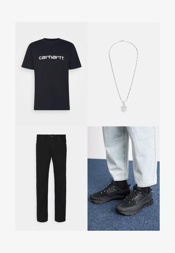Zwarte katoenen t-shirt met korte mouwen en ronde hals; heeft het witte "carhartt" logo dat op de borst is bedrukt. Glad textuur, eenvoudig ontwerp.; Zwarte rechte jeans met een knoop en rits aan de voorkant, vijf zakken ontwerp, weergegeven op een witte achtergrond.; Zwarte sportschoenen met gestructureerde stof en rubberen zolen, met elastische veters en een blauwe accent op de hiel. Draag samen met lichte spijkerbroeken.; Zilveren ketting met vergrendelde schakels en een hanger met een dollar teken, verfraaid met heldere kristallen.
