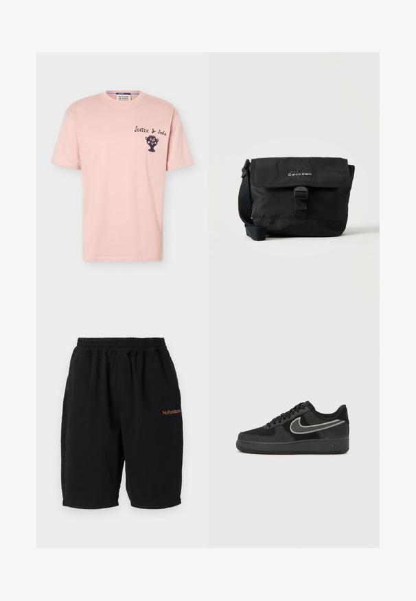 T-shirt rose clair à manches courtes avec texte noir "Scotch & Soda" et un graphisme stylisé d'un visage sur le côté gauche de la poitrine.; Shorts en coton noirs avec une taille élastique, coupe droite et poches latérales. Présente l'inscription "No Problemo" brodée en orange sur le devant.; Baskets Nike Air Force 1 en daim et cuir noir, avec un swoosh argenté, bout rond, lacets et semelle extérieure en caoutchouc texturé.; Sac à bandoulière noir Calvin Klein avec rabat frontal, fermeture à boucle et sangle réglable sur fond blanc.