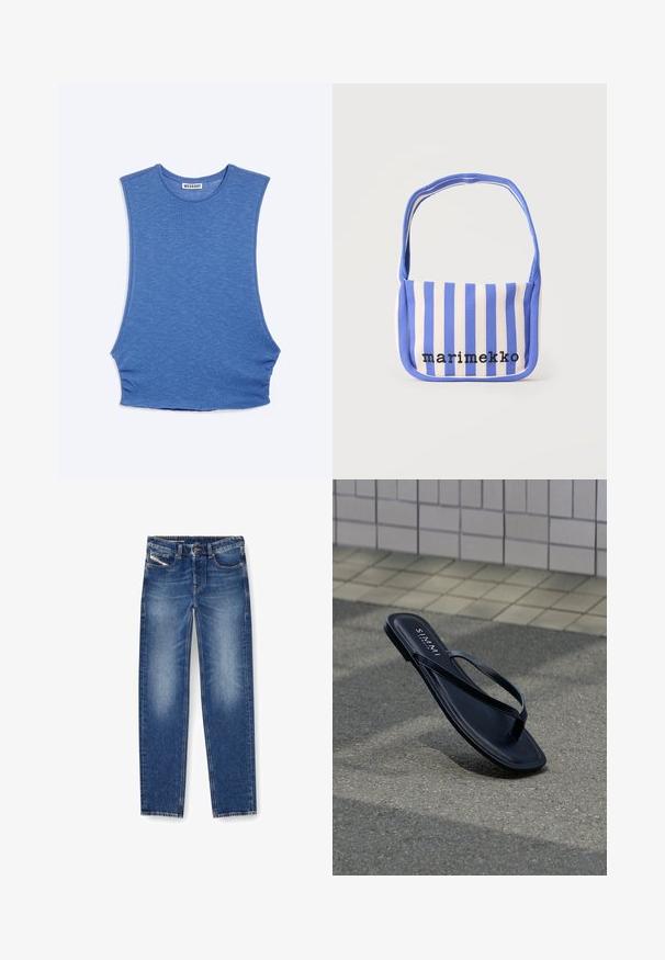 Blåt ærmeløst striktop med rund halsudskæring, sænkede ærmegab og et "WEEKDAY" mærke inde i kraven.; Denim jeans i medium blåt med en falmet finish. Har fem lommer, bæltestropper og lige ben. Syningerne er synlige.; Sort læder-flipflop-sandal med tynde remme, der ligger på gråt fortov nær flisevæg, mærket med "S. MAMMI" indersål-tekst.; Blå og hvide lodrette stribede skuldertaske af stof med teksten "marimekko" broderet i sort på forsiden.