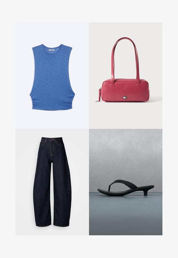 Blauw mouwloos gebreid topje met ronde hals, verlaagde armsgaten en een "WEEKDAY" label aan de binnenkant van de kraag.; Donkerblauwe wijde jeans van denim, met een hoge taille, rechte snit, vijf zakken en contrasterende stiksels.; Zwarte Calvin Klein teenslipper met een kleine hak, rustend op een houten tegelvloer buiten bij een onscherpe muur en planten.; Roze leren handtas met een rechthoekige vorm, dubbele handvatten en een klein metalen embleem aan de voorkant, met een gladde, glanzende textuur.