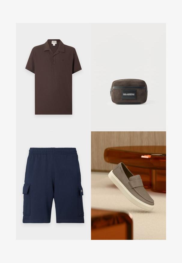 Polo à manches courtes de couleur marron foncé avec deux boutons, un col rabattable et un petit logo brodé sur la poitrine gauche.; Shorts cargo bleu marine en tissu doux, dotés d'une ceinture élastique, de deux poches latérales et d'un petit logo sur la poche gauche.; Chaussure gris en daim à enfiler avec semelle blanche suspendue au-dessus d'un tapis beige, avec un meuble orange translucide en arrière-plan.; Pochette rectangulaire en suède marron avec garniture et fermeture éclair en cuir noir, ornée d'une étiquette noire avec le texte "Karl Lagerfeld 21 Rue St-Guillaume Paris".