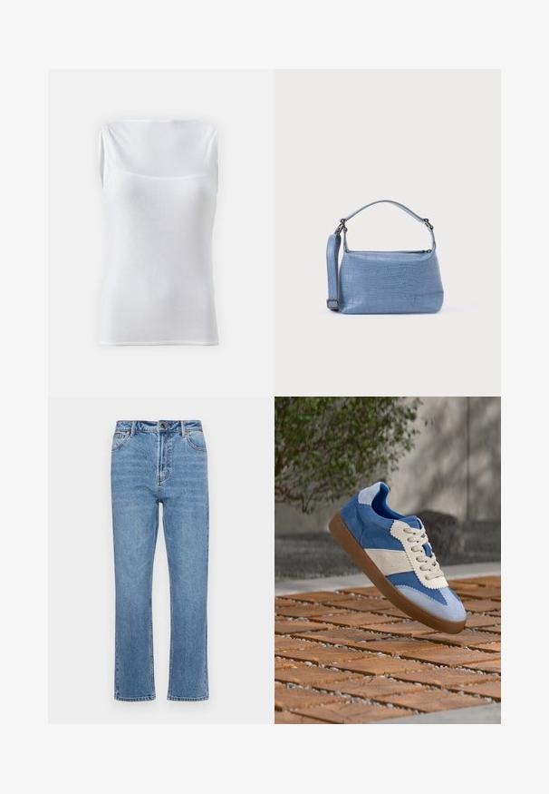 Witte mouwloze top van ribbelstof, met een ronde halslijn en een figuurvolgend design. Glad oppervlak zonder zichtbare sluitingen.; Lichtblauwe denim jeans met een rechte pijp, vijf zakken, een sluiting met een knoop aan de voorkant en subtiele vervaging op de stof.; Blauwe en witte suède sneaker met bruine zool zweeft in de lucht boven een houten tegelvloer buiten vlak bij een muur en een groene struik.; Lichtblauwe handtas met krokodillenprint, voorzien van een korte handgreep en een afneembare schouderriem. Gladde textuur met een ritssluiting.