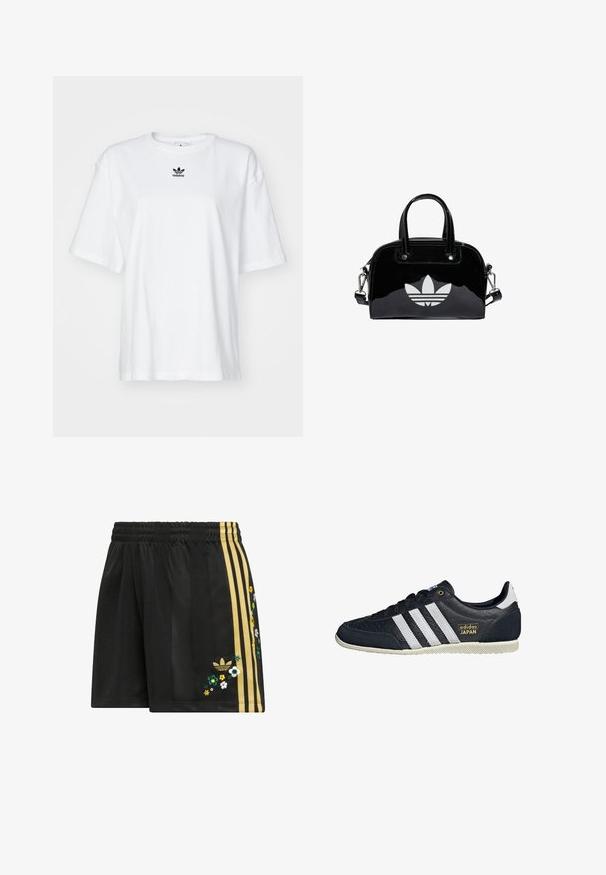 Hvid kortærmet t-shirt lavet af bomuld. Har en rund halsudskæring og et lille sort Adidas-logo på brystet. Lige skåret kant.; Sorte atletikshorts med elastisk linning, der har tre gyldne striber på siden og blomsterbroderi i forskellige farver.; Sorte lædersneakers med tre hvide striber, en struktureret finish, guld "adidas JAPAN" logo og en gummisål med grebmønster.; Sort patentlæder håndtaske med rund form, to top-håndtag, sølvdetaljer og en fremtrædende hvid logo på fronten.