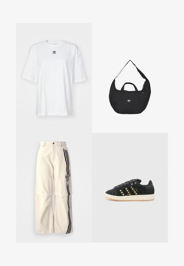 Hvid kortærmet t-shirt lavet af bomuld. Har en rund halsudskæring og et lille sort Adidas-logo på brystet. Lige skåret kant.; Beige brede bukser lavet af bomuld, prydet med en sort tre-stribedesign ned ad siden og et Adidas-logo-patch på låret.; adidas Originals CAMPUS 00S W - Sneakers - core black/carbon/gold-coloured; Sort halvmåneformet Adidas taske med dobbelte håndtag og en justerbar skulderrem, der viser det hvide Adidas trefoil-logo midt for.