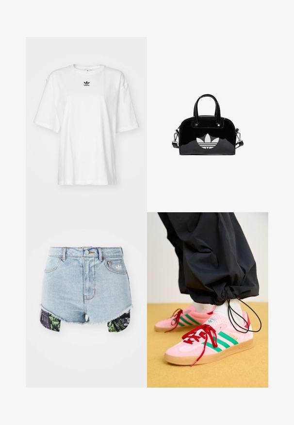 Valkoinen lyhythihainen t-paita, joka on valmistettu puuvillasta. Siinä on pyöreä kaula-aukko ja pieni musta Adidas-logo rinnassa. Suora helma.; Farkkuhameet vaaleansinisinä, joissa on revitty helma ja värikkäät kuviolliset kankaat sivuilla, joissa on kaupunkimaista kuvastoa ja tekstuureja.; Vaaleanpunaiset mokkakenkäset, joissa on vihreät raidat, punaiset nauhat ja kumipohja. Yhdistetty mustiin housuihin, jotka ovat kerätty nilkkojen ympärille.; Musta lakattu nahkalaukku pyöreällä muodolla, kaksinkertaisilla pääkäsittelyillä, hopeisilla yksityiskohdilla ja näkyvällä valkoisella logolla edessä.
