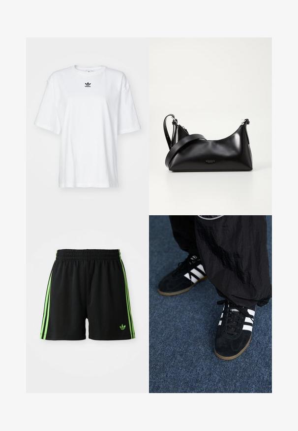 Weißes T-Shirt mit kurzen Ärmeln aus Baumwolle. Verfügt über einen Rundhalsausschnitt und ein kleines schwarzes Adidas-Logo auf der Brust. Gerader Saum.; Schwarze Sportshorts mit einem Kordelzugbund, die auf jeder Seite drei vertikale grüne Streifen und das grüne Adidas-Logo aufweisen.; Schwarze Wildleder-Sportschuhe mit drei weißen Streifen und schwarzen Schnürsenkeln. Eine strukturierte schwarze Hose ist teilweise neben den Schuhen sichtbar.; Schwarze lederne Handtasche mit glatter Textur. Verfügt über einen verstellbaren Riemen und ein elegantes, minimalistisches Design mit einem Reißverschluss.