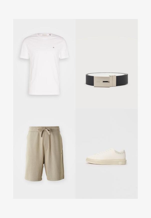 T-shirt en coton blanc avec un col rond, des manches courtes et un petit logo brodé sur la poitrine. Texture douce, design simple.; Shorts beiges avec une texture douce, taille élastique, cordon de serrage et poches latérales. Longueur mi-cuisse et minimalisme de la marque sur l'ourlet.; Sneaker blanc avec une tige en toile lisse, des lacets plats, un col rembourré et un accent gris texturé à l'arrière. Semelle en caoutchouc épaisse.; Ceinture en cuir noir avec boucle rectangulaire argentée gravée "BOSS", roulée en cercle sur un fond clair uni.