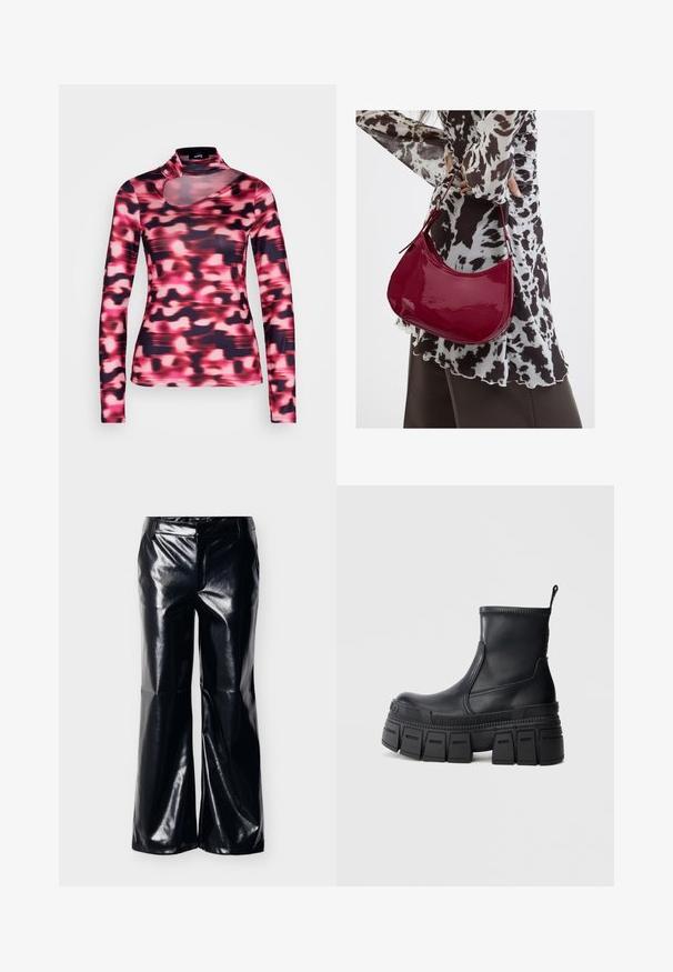 Zign STUDIO by Zalando ZI-AW23-D013-SJ NAIA ™ CUT OUT SHIRT - Μπλούζα με μακριά μανίκια - black/pink; Μαύροι πλατιοί παντελόνες από συνθετικό δέρμα με λαμπερό φινίρισμα, με μέση μέτριας ανύψωσης και καθαρό μπροστινό σχέδιο, κατάλληλοι για διάφορα στυλ.; Μαύρα μποτάκια αστραγάλου από λείο δέρμα με χοντρή, ραβδωτή σόλα πλατφόρμας. Διαθέτουν θηλιά για τράβηγμα και λεπτομέρειες ραφών κατά μήκος του επάνω μέρους.; Γυναίκα που φοράει μια μπλούζα με μαύρο-άσπρο μοτίβο κρατάει μια γυαλιστερή κόκκινη τσάντα ώμου σε απλό φόντο.
