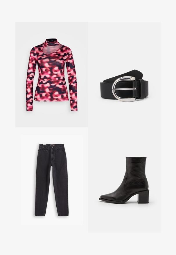 Zign STUDIO by Zalando ZI-AW23-D013-SJ NAIA ™ CUT OUT SHIRT - Μπλούζα με μακριά μανίκια - black/pink; Μαύρα τζην με ίσια γραμμή, διαθέτουν πέντε τσέπες, κλείσιμο με κουμπί μπροστά και ραμμένες λεπτομέρειες κατά μήκος των ραφών.; Μαύρο δερμάτινο μποτάκι αστραγάλου με τετράγωνη μύτη και τετράγωνο τακούνι. Ο σχεδιασμός διαθέτει λεία υφή και ελάχιστες ραφές.; Μαύρη δερμάτινη ζώνη με μεταλλικό κούμπωμα από ασημί μέταλλο, με λεία υφή και κλασικό σχέδιο. Η ζώνη έχει πλάτος 1,5 ίντσας.