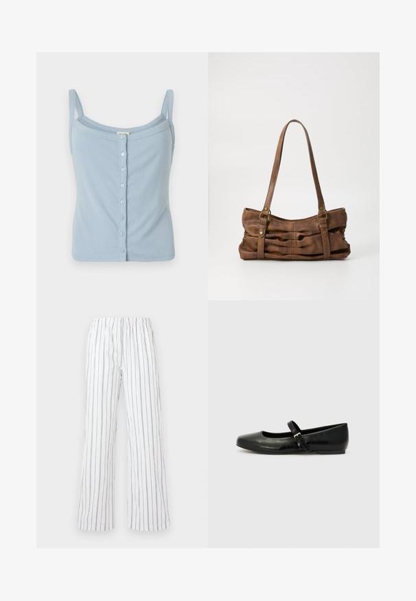 Débardeur en maille à rayures bleu clair avec des bretelles spaghetti, présentant un devant à boutons et une coupe ajustée. Texture douce et style simple.; Pantalons blancs avec des rayures verticales bleu, fabriqués en tissu léger. Équipés d'une taille élastique et de jambes larges et évasées.; Ballerines en cuir noir avec un bout arrondi, une semelle plate et une fine sangle ajustable sur le cou-de-pied avec une boucle en métal.; Even&Odd Sac à main - brown