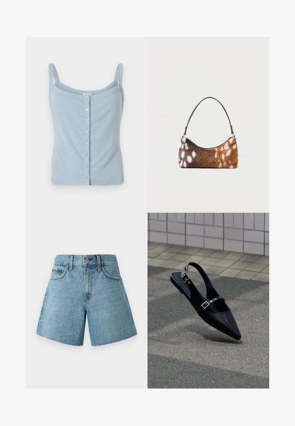 Lysblå ribbet tanktop med spaghetti-stropper, med en knaplukning foran og en tætsiddende pasform. Blød tekstur og enkelt design.; Denim shorts i lys blå, med høj talje, fem lommer og rå kant. Fremstillet af tekstureret bomuldsstof med et klassisk design.; Sort flad slingback med spids tå og dobbelte spænder, hvilende på grå asfalt nær flisevæg.; Skuldertaske med brun og hvid pletmønstret imiteret pels og en tynd sort rem, vist på en hvid baggrund.