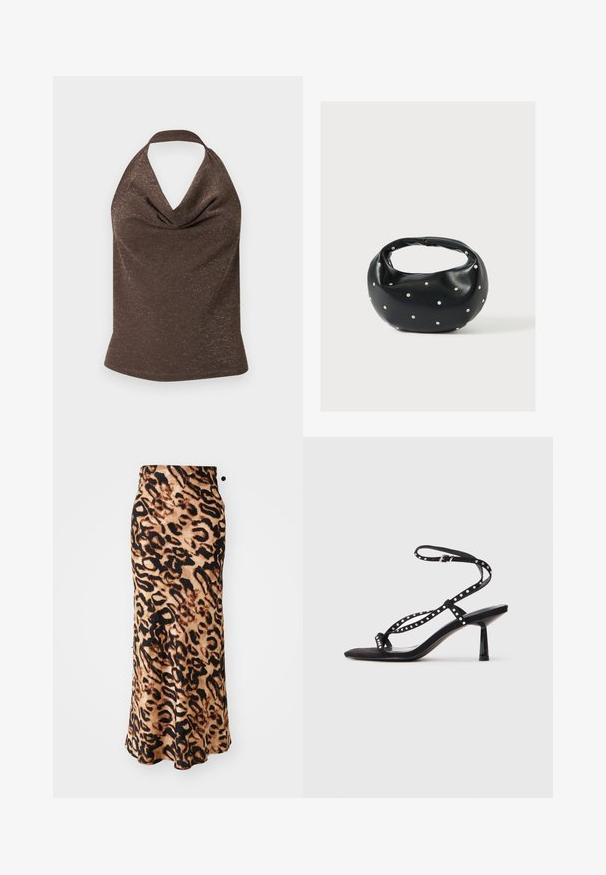 Braunes Neckholder-Top mit dezentem metallischem Schimmer und weich drapiertem Ausschnitt, flach auf hellem Hintergrund ausgelegt.; Maxikleid mit Leopardenmuster und tailliertem Bund, aus weichem Stoff gefertigt, in Braunstufen und Schwarz, mit einem fließenden A-Linien-Silhouette.; Schwarze Wildleder-High-Heelsandalen mit spitzem Zehenbereich, Knöchelriemen und dekorativen Nietenverzierungen an den Riemen.; Schwarze Lederhandtasche mit abgerundeter Form, verziert mit silbernen Nietenakzenten und kurzem Griff. Glatte Struktur und Reißverschlussverschluss.