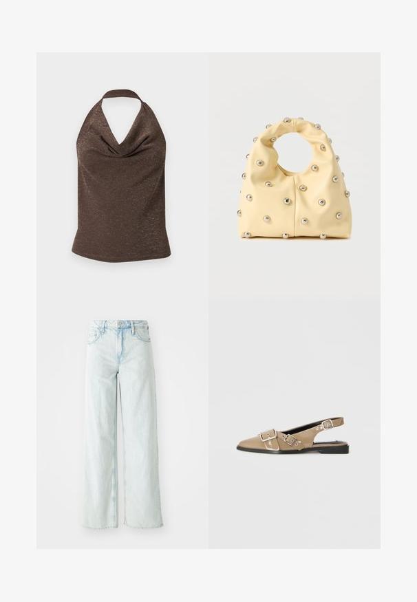 Top marron à col halter avec un subtil éclat métallique et un décolleté délicatement drapé, posé à plat sur un fond clair.; Jean en denim de couleur bleu clair, taille haute et jambes larges. Comprend cinq poches et une fermeture à bouton. Texture usée sur les cuisses.; Chaussures slingback en vernis beige avec un bout pointu, deux boucles ajustables et un petit talon noir. Texture lisse avec une finition brillante.; Sac à main jaune pâle avec poignée circulaire, décoré de petits clous en métal argenté uniformément espacés sur une surface lisse.