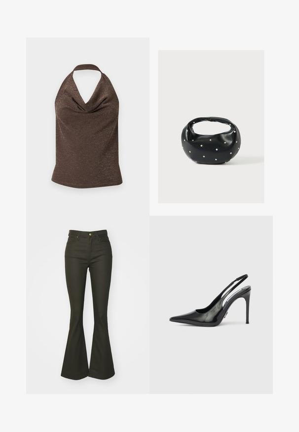 Top marron à col halter avec un subtil éclat métallique et un décolleté délicatement drapé, posé à plat sur un fond clair.; Jean évasé noir en denim doux. Caractéristiques : taille haute, poches avant et fermeture à bouton en laiton. Coupe ajustée au niveau des cuisses.; Escarpin noir en cuir verni à bride arrière, talon haut, bout pointu, côtés découpés et talon fin. Finition brillante avec des détails matériels minimaux.; Sac à main en cuir noir de forme arrondie, décoré de clous argentés et équipé d'une poignée courte. Texture lisse et fermeture éclair.