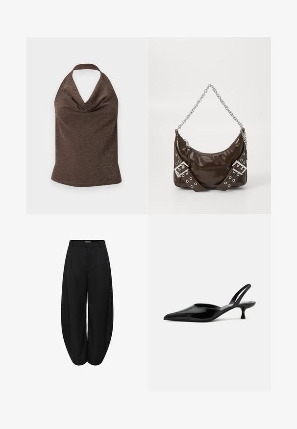 Top marron à col halter avec un subtil éclat métallique et un décolleté délicatement drapé, posé à plat sur un fond clair.; Pantalons courts larges noirs à taille haute avec plis sur le devant, dotés de passants pour ceinture et d'une fermeture invisible à l'avant.; Chaussure slingback à talon kitten en cuir verni noir avec bout pointu et talon bas incurvé sur fond clair uni.; Sac à main en cuir verni marron foncé avec une bandoulière en chaîne argentée, des ceintures décoratives à double boucle et une fermeture éclair.