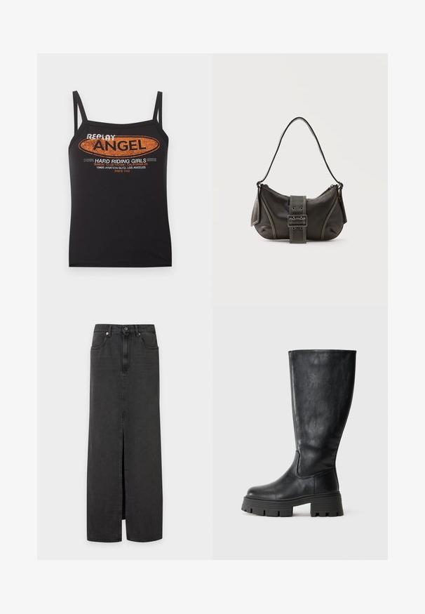 Zwarte tanktop met spaghetti bandjes en oranje-witte tekst "Replay Angel Hard Riding Girls" plus een print met adres van Los Angeles aan de voorkant.; Zwarte high-waisted denim maxirok met een voorzijde split, riemlussen, voorzakken, knoop- en ritssluiting.; Zwarte kniehoge laarzen van soepel leer met een dikke, gestructureerde zool en subtiele naaddetailing aan de buitenkant.; Zwarte leren schoudertas met gespsluiting aan de riem, afgeronde hoeken en contrasterende witte stiksels op een effen achtergrond.