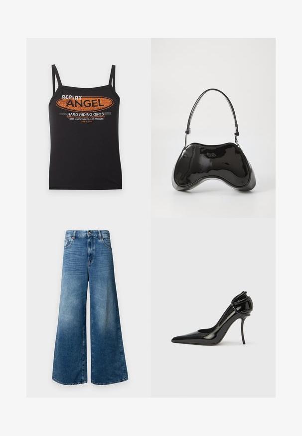 Sort spaghetti-strop top med orange og hvid tekst "Replay Angel Hard Riding Girls" samt tryk af adresse i Los Angeles på forsiden.; Bredde denim jeans i mellemblå med et klassisk fem-lomme design, knaplukning og let falmning for ekstra tekstur.; Sort laklædersko med høj hæl, spids tå og åben hæl. Har en unik buet detalje ved hælen. Slank og glansfuld finish.; Sort patentlæder håndtaske med en unik buet form, kort justerbar hank og en lynlåslukning i toppen. Glat tekstur med diskret branding.