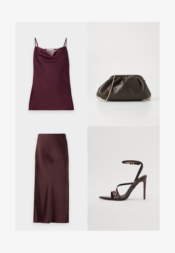 Caraco en satin bordeaux profond sans manches avec fines bretelles réglables et détail en dentelle le long du décolleté bénitier.; Jupe maxi en satin bordeaux avec une texture lisse, fente haute sur un côté et taille élastique. Design simple et épuré.; Sandale à talons hauts en cuir verni bourgogne avec une bride de cheville, bout pointu et trois bandes horizontales sur le pied. Détail de boucle dorée.; Sac à main en cuir marron avec un design froncé, une bandoulière en chaîne dorée et une finition douce et texturée. Sa forme compacte est idéale pour une utilisation en soirée.