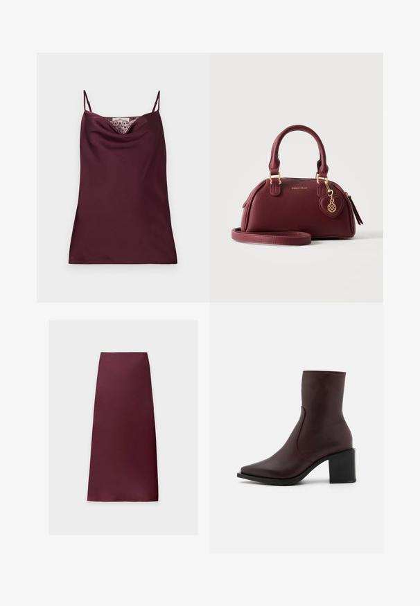Ærmeløs dyb burgundy satin camisole top med tynde justerbare stropper og blonder detaljer langs cowl-halsudskæringen.; Midi-nederdel i lige snit i ensfarvet mørk bordeaux med glat stof og uden synlige mønstre eller pynt.; Zign LEATHER - Støvletter - bordeaux; Vinrød læderhåndtaske med dobbelte håndtag, guldlås, aftagelig skulderrem, hjerteformet vedhæng og "ANNA FIELD"-logo foran.