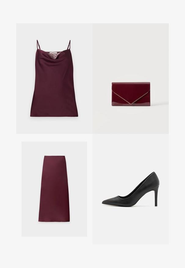 Ærmeløs dyb burgundy satin camisole top med tynde justerbare stropper og blonder detaljer langs cowl-halsudskæringen.; Midi-nederdel i lige snit i ensfarvet mørk bordeaux med glat stof og uden synlige mønstre eller pynt.; Sorte stiletto-sko med spids tå, lavet af glat læder, med et strømlinet design og en tynd, cylindrisk hæl.; Blank mørkerød konvolut-style clutch taske med guldkant langs klappens kant på en ensfarvet lys baggrund.