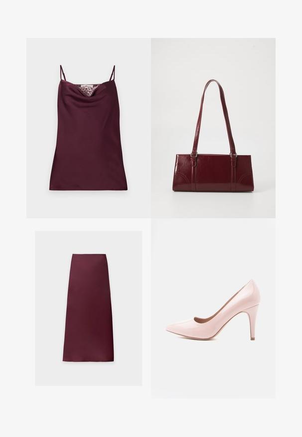 Mouwloze diep bordeaux satijnen camisole top met dunne verstelbare bandjes en kantdetail langs de watervalhalslijn.; Rechte midi-rok in effen donker bordeauxkleur met gladde stof en zonder zichtbare patronen of versieringen.; Roze lakleren hoge hak schoen met een puntige neus en een slanke hak. Gladde textuur met een glanzende afwerking. Geen zichtbare accenten of patronen.; Bourgondische handtas van glanzend materiaal, rechthoekige vorm, met twee schouderbanden en subtiele gebogen accenten aan de voorkant.
