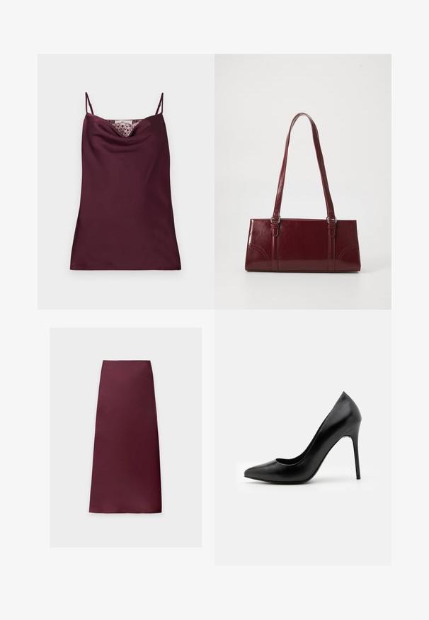 Caraco en satin bordeaux profond sans manches avec fines bretelles réglables et détail en dentelle le long du décolleté bénitier.; Jupe midi droite de couleur bordeaux foncé unie, en tissu lisse sans motifs ni ornements visibles.; Escarpin noir en cuir avec un bout pointu et une texture lisse. Dispose d'un talon aiguille fin et d'un décolleté bas.; Sac à main bordeaux en matériau brillant, de forme rectangulaire, avec deux anses et des accents légèrement courbés à l'avant.