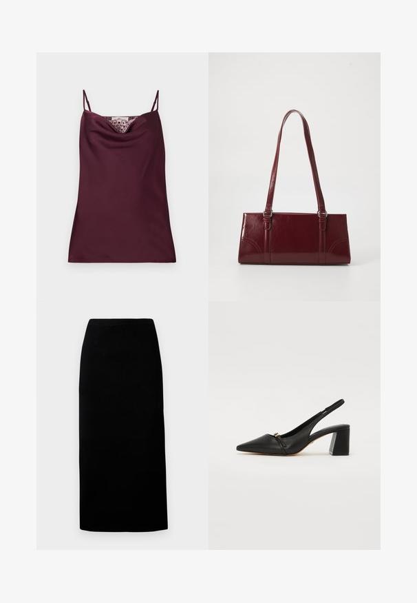 Ærmeløs dyb burgundy satin camisole top med tynde justerbare stropper og blonder detaljer langs cowl-halsudskæringen.; Sort midiskørt lavet af blødt stof, med lige snit og elastisk talje, med en glat tekstur og uden synlige mønstre eller detaljer.; Sort læder slingback hæl sko med spidse tæer, lille forstrop og blokhæl. Glat tekstur med guld detaljer.; Bordeaux håndtaske lavet af glansfuldt materiale, rektangulær form, med to skulderremme og subtile buede detaljer på forsiden.